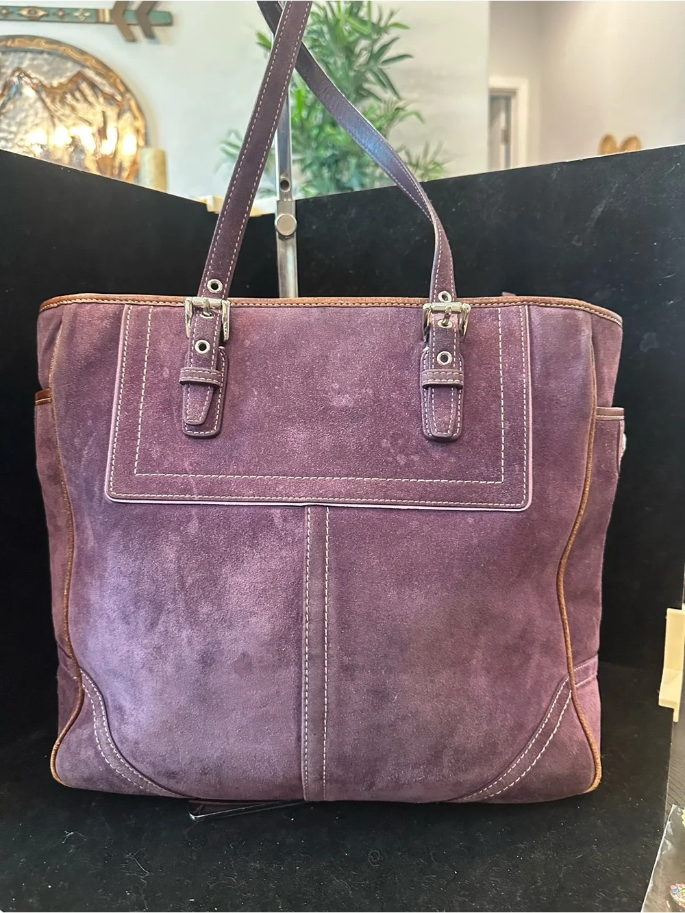 Coach #344 Vintage Hamptons Gallery Plum Suede Tote with Leather Trim